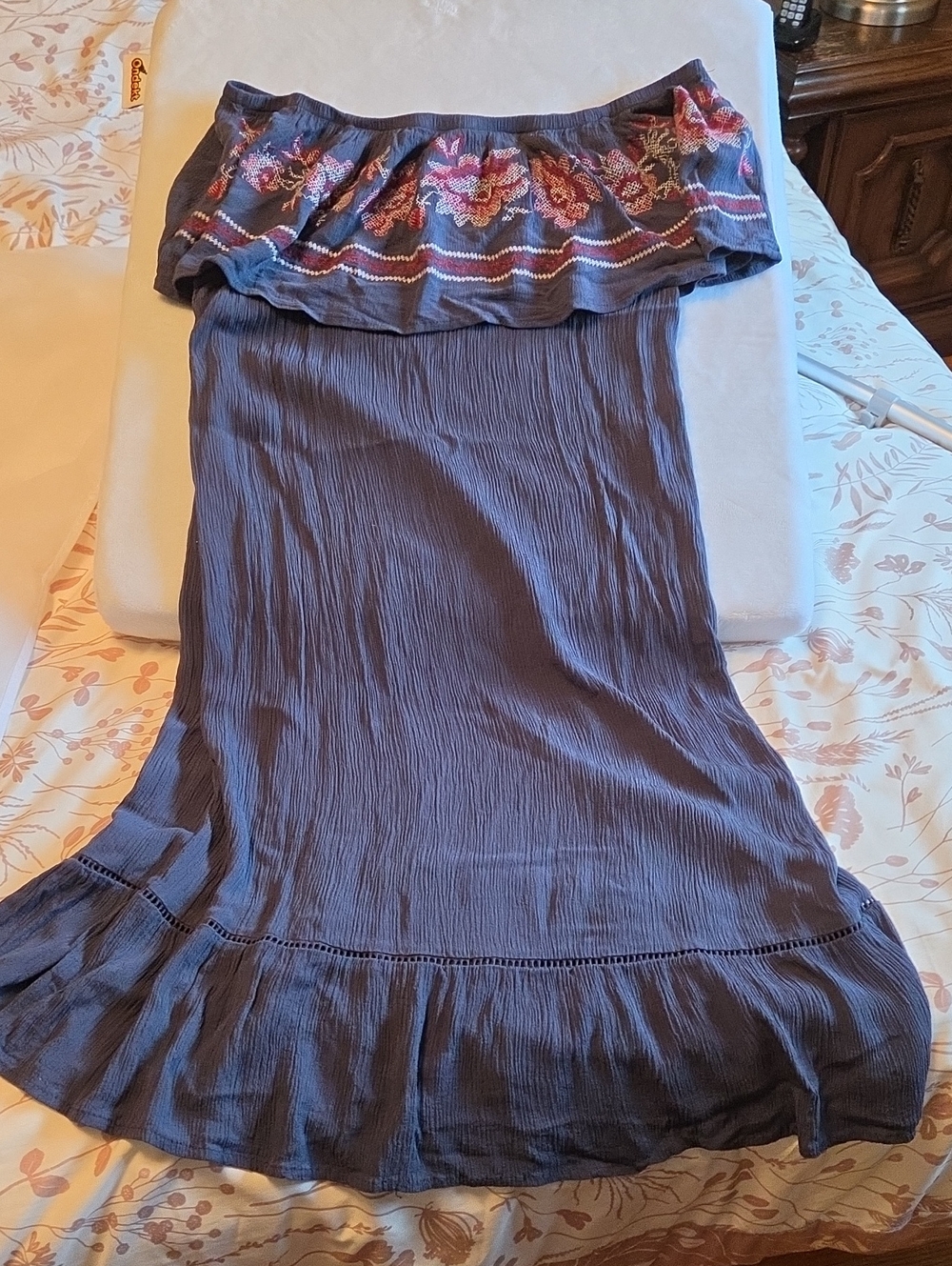 Off-Shoulder Embroidered Ruffle Midi Dress- Blue